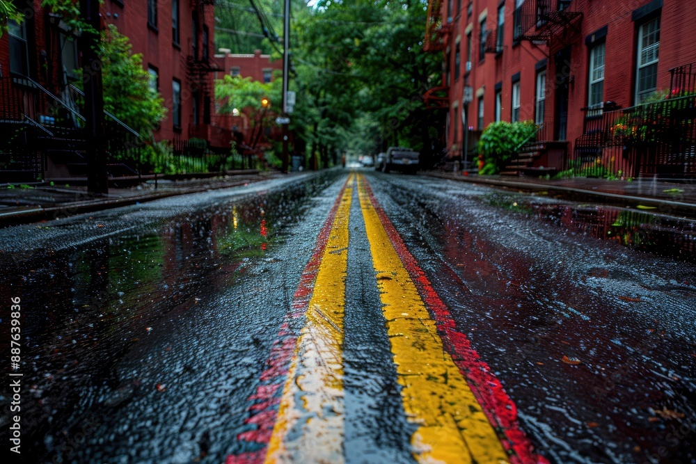 City street with colorful wet asphalt road reflecting the sky after rain City street with colorful wet asphalt road reflecting the sky after rain