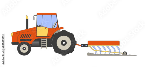 Tractor working in field 2D cartoon object. Powerful agricultural machine plowing soil isolated flat vector element white background. Machinery usage at farm industry color spot illustration