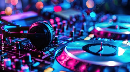 Professional dj mixer setup with headphones for mixing electronic dance music