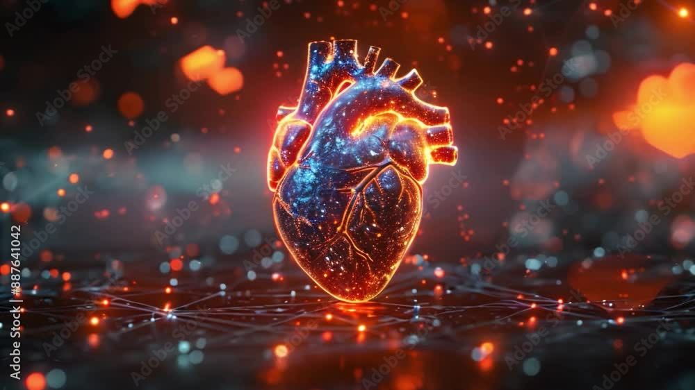 A 3D model of a human heart glows amid swirling lights and connected ...