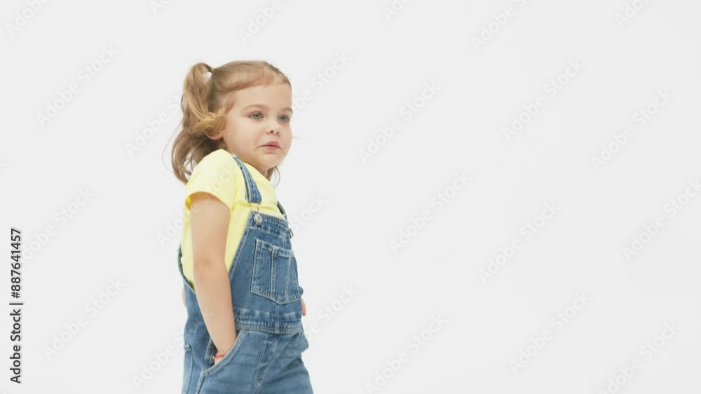Concept of fashion, style and happy children's emotions. Little girl dancing in the studio on a white background. Happy energetic girl having fun and enjoying her childhood. Concept of fashion, style and happy children's emotions. Little girl dancing in the studio on a white background. Happy energetic girl having fun and enjoying her childhood.