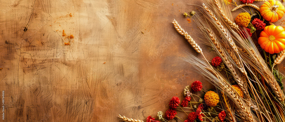 Obraz premium Harvest festival concept. Fall mockup with golden dry wheat, grain, herbs on textured background. Lammas day composition. Autumn Layout with copy space. Generative ai