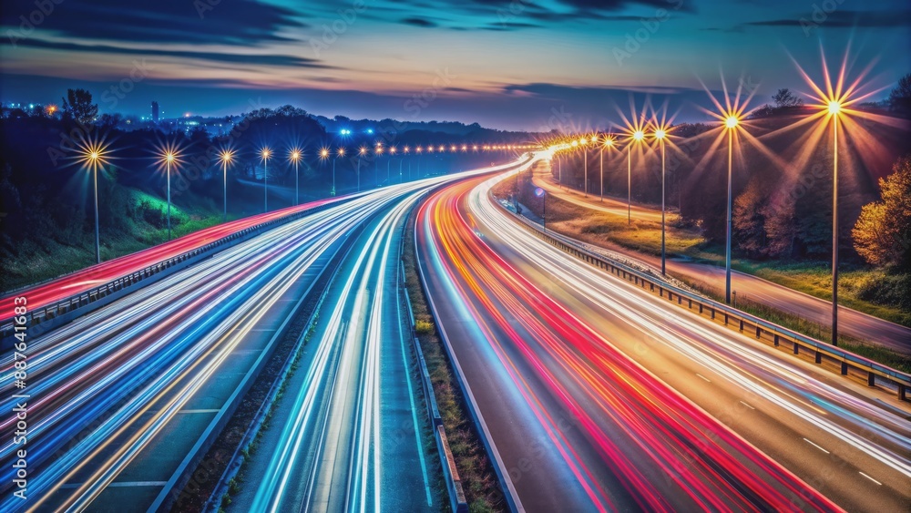 Vibrant headlights streak across dark highway, blurring into motion trails, capturing dynamic velocity and movement in mesmerizing 3D nighttime scene. Vibrant headlights streak across dark highway, blurring into motion trails, capturing dynamic velocity and movement in mesmerizing 3D nighttime scene.