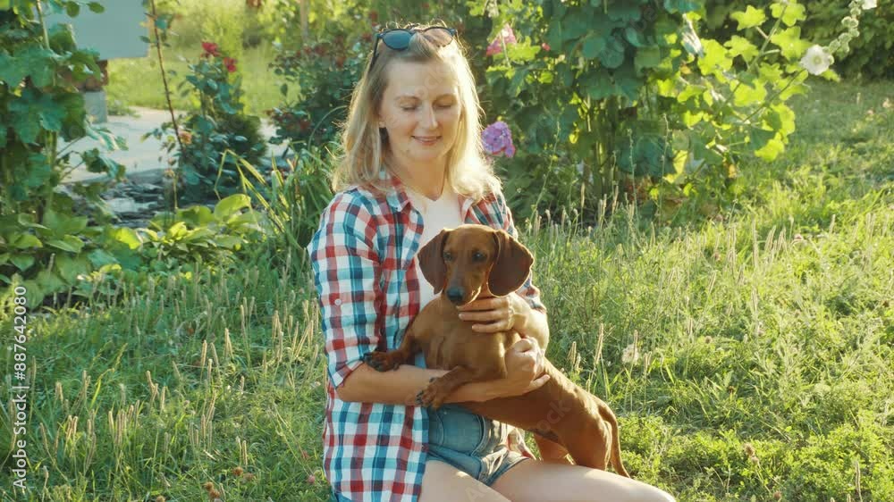 dachshund playing with his owner in a sunny summer park dachshund playing with his owner in a sunny summer park