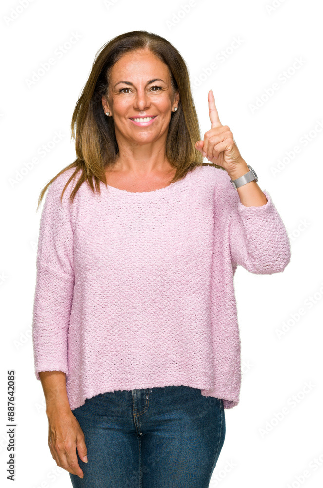Beautiful middle age adult woman wearing winter sweater over isolated background showing and pointing up with finger number one while smiling confident and happy. Beautiful middle age adult woman wearing winter sweater over isolated background showing and pointing up with finger number one while smiling confident and happy.