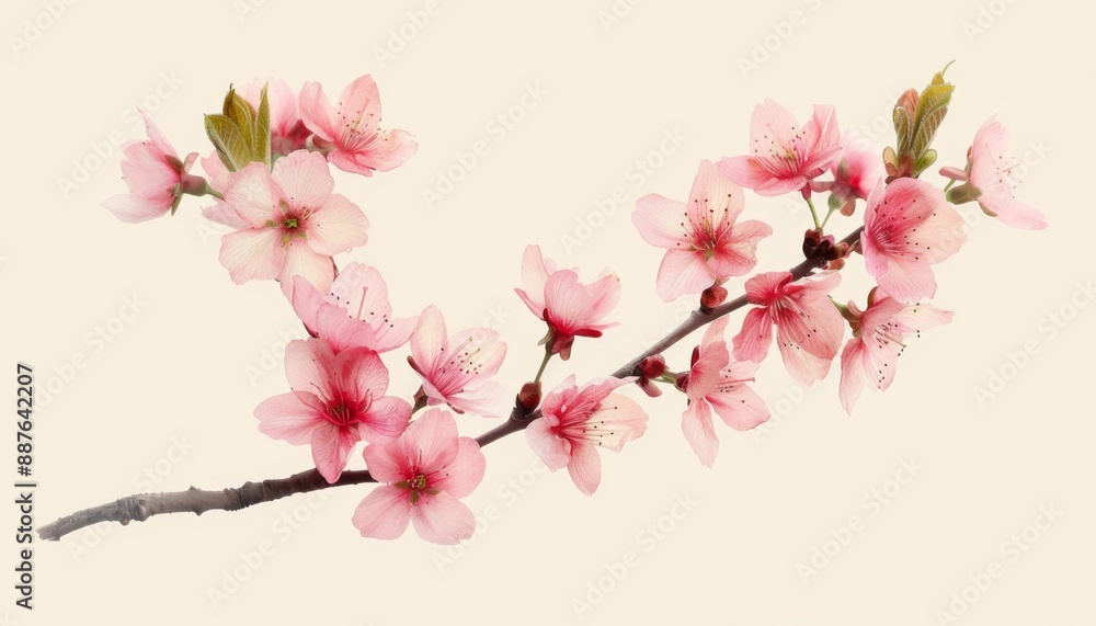 Fototapeta premium Delicate Cherry Blossom Branch in Full Bloom on Soft Yellow Background, Spring Essence Captured in Detail