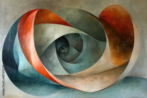 Colorful abstract painting with a spiral of blue green and red shapes photo