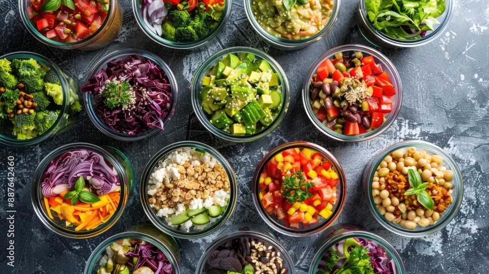Variety of ready to eat vegetarian salads with unique ingredients Variety of ready to eat vegetarian salads with unique ingredients
