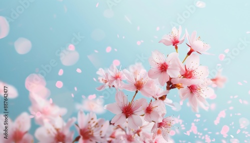 Blossoming Beauty: Realistic Cherry Blossoms in Full Bloom Against a Soft Sky Blue Background, Symbolizing the Arrival of Spring