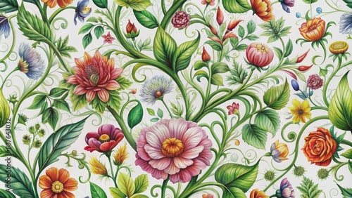 Vibrant watercolor illustration of intertwining flowers, leaves, and vines in shades of green, blue, and yellow on a white background.