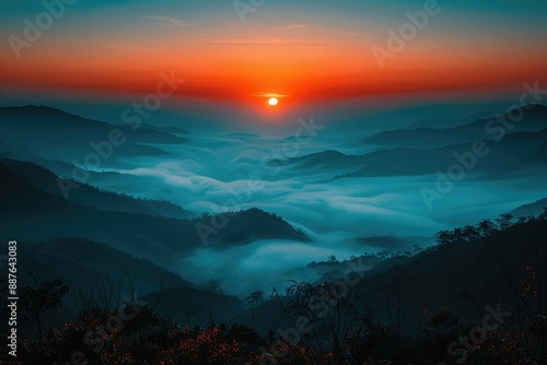 Misty mountain sunrise landscape with vibrant red orange sky and blue fog photo