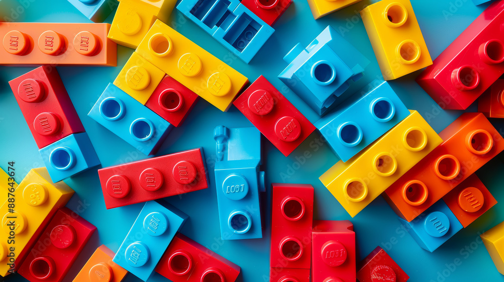 Feature a variety of bricks in bright colors (red, blue, yellow, green). Feature a variety of bricks in bright colors (red, blue, yellow, green).