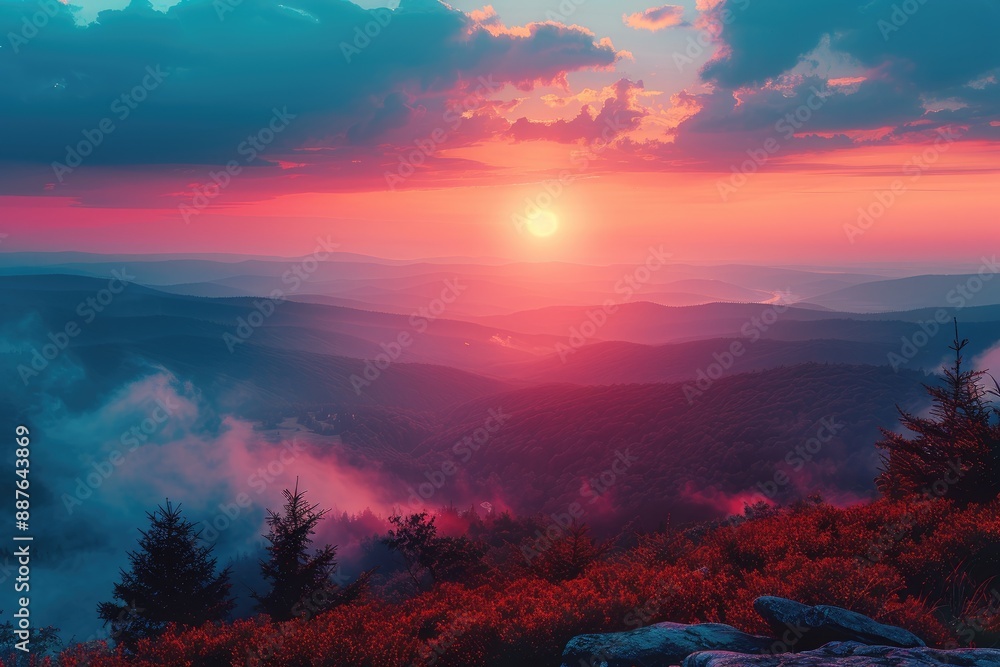 Vibrant mountain landscape with pink clouds and blue sky at sunset Vibrant mountain landscape with pink clouds and blue sky at sunset