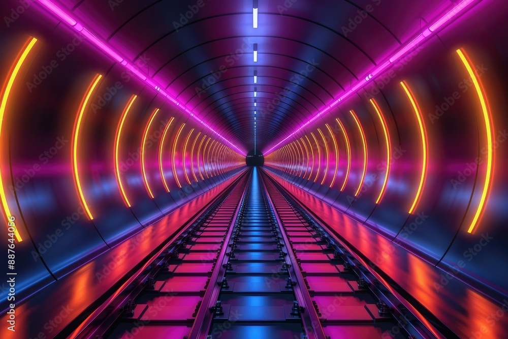 Futuristic tunnel with glowing neon lights illuminating railroad tracks Futuristic tunnel with glowing neon lights illuminating railroad tracks