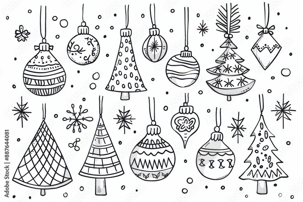 Hand-drawn Christmas ornaments and trees in black and white, perfect for coloring pages and holiday designs. Hand-drawn Christmas ornaments and trees in black and white, perfect for coloring pages and holiday designs.