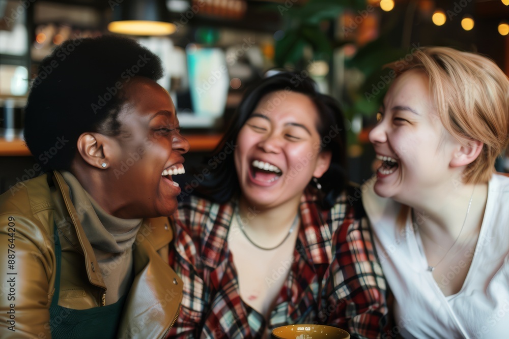 Friends of different ethnicities laughing together in a café, capturing the essence of diversity and friendship. Friends of different ethnicities laughing together in a café, capturing the essence of diversity and friendship.