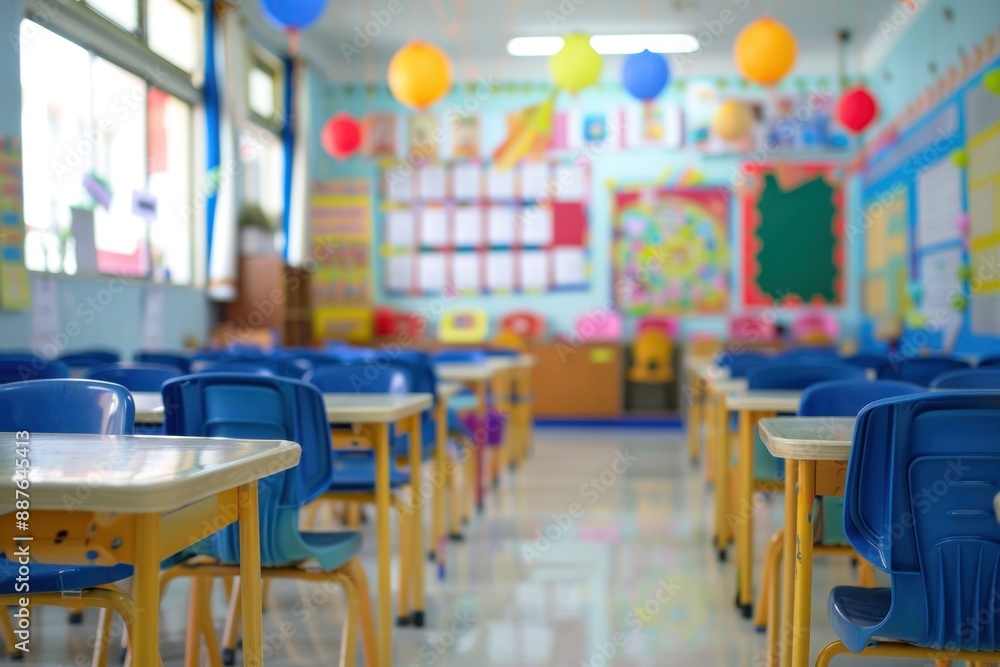 Blurred image of classroom with desks and chairs, A brightly colored classroom with a lot of chairs and tables. Blurred image of classroom with desks and chairs, A brightly colored classroom with a lot of chairs and tables.