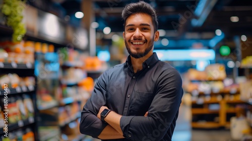 Professional Male Retail Manager in Neat Clothes, Smiling in a Well Organized Store, Reflecting Skills in Retail Management and Creating a Welcoming Store Atmosphere © Art Genie