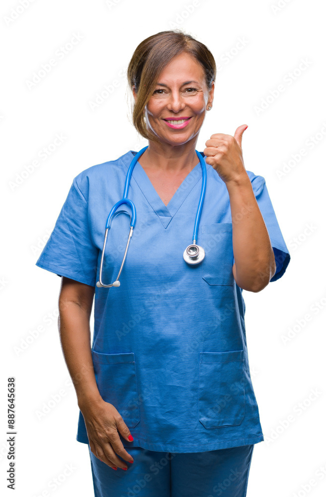 Middle age senior nurse doctor woman over isolated background doing happy thumbs up gesture with hand. Approving expression looking at the camera with showing success. Middle age senior nurse doctor woman over isolated background doing happy thumbs up gesture with hand. Approving expression looking at the camera with showing success.