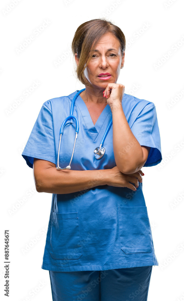 Middle age senior nurse doctor woman over isolated background thinking looking tired and bored with depression problems with crossed arms. Middle age senior nurse doctor woman over isolated background thinking looking tired and bored with depression problems with crossed arms.