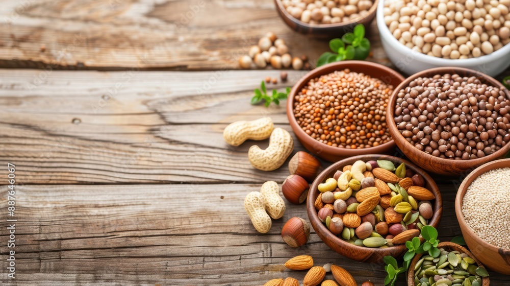 A variety of nuts and seeds spread out on a wooden table, emphasizing their role in gut health A variety of nuts and seeds spread out on a wooden table, emphasizing their role in gut health