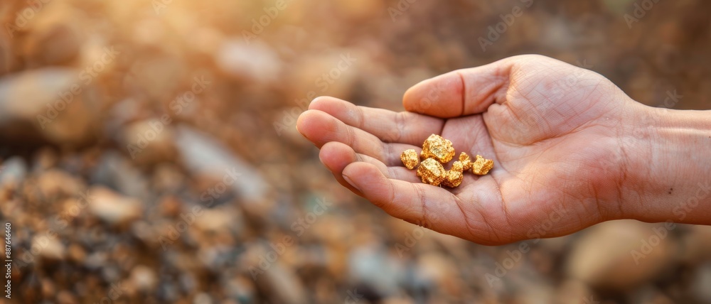 A miner's hand holding a small, shiny gold nugget against a rocky background A miner's hand holding a small, shiny gold nugget against a rocky background
