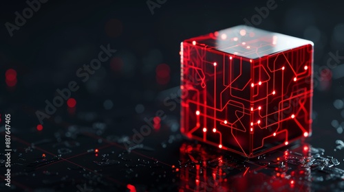 Futuristic digital cube with red circuitry on a dark, shiny surface, high-tech innovation, high-resolution, cyberpunk, neon glow, dark palette