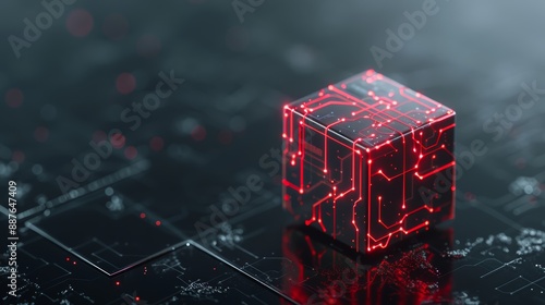Futuristic digital cube with red circuitry on a dark, shiny surface, high-tech innovation, high-resolution, cyberpunk, neon glow, dark palette