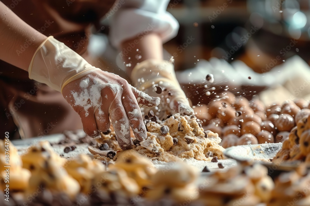 Close-up of a baker's hands kneading dough with chocolate chips and flour, creating delicious pastries. Close-up of a baker's hands kneading dough with chocolate chips and flour, creating delicious pastries.