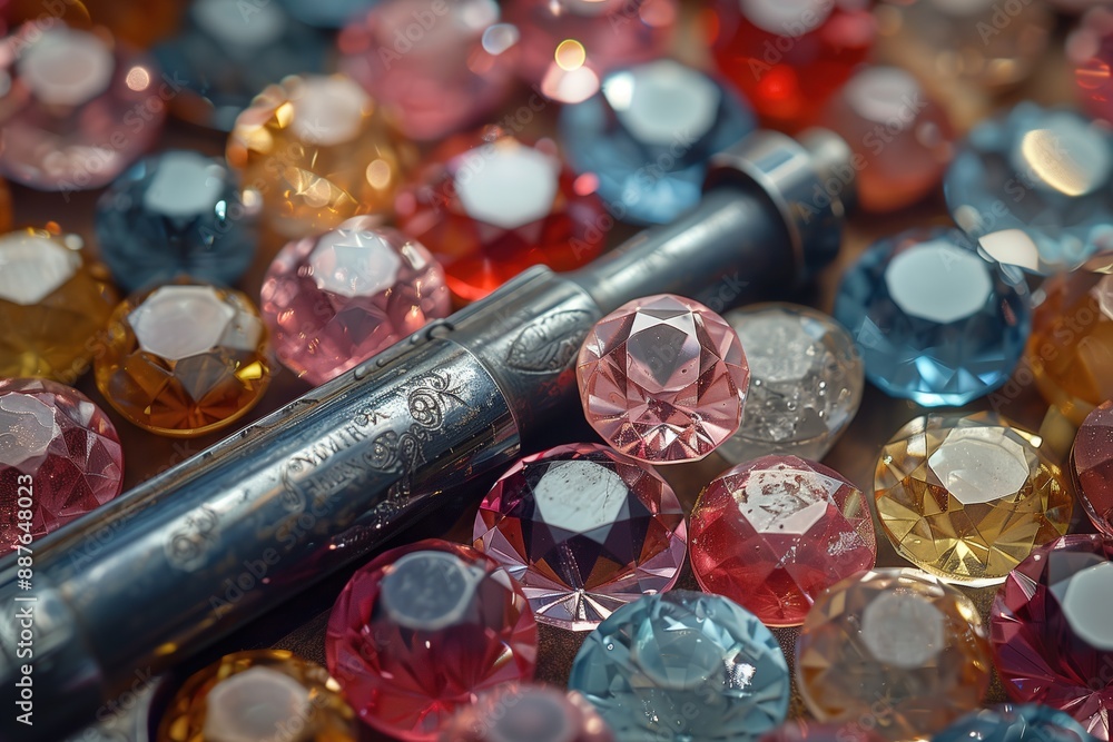 A Close-Up View of Sparkling Jewels Scattered Near a Silver Cylinder A Close-Up View of Sparkling Jewels Scattered Near a Silver Cylinder