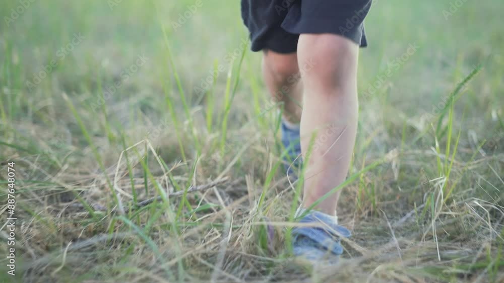kid feet walking through grass. Close up of kid shoes in field. Exploring nature outdoor fun. Young kid playing enjoying greenery. Innocence and adventure. kid grass feet in nature. steps in summer. kid feet walking through grass. Close up of kid shoes in field. Exploring nature outdoor fun. Young kid playing enjoying greenery. Innocence and adventure. kid grass feet in nature. steps in summer.