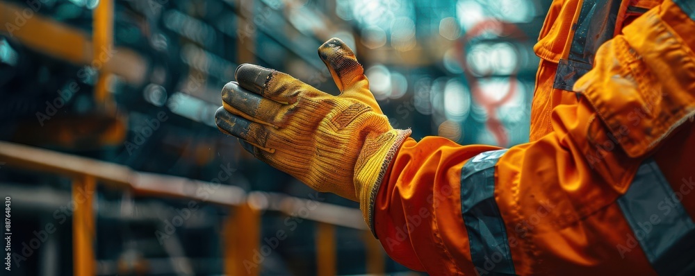 Close-up of a worker's gloved hand in an industrial setting. Close-up of a worker's gloved hand in an industrial setting.