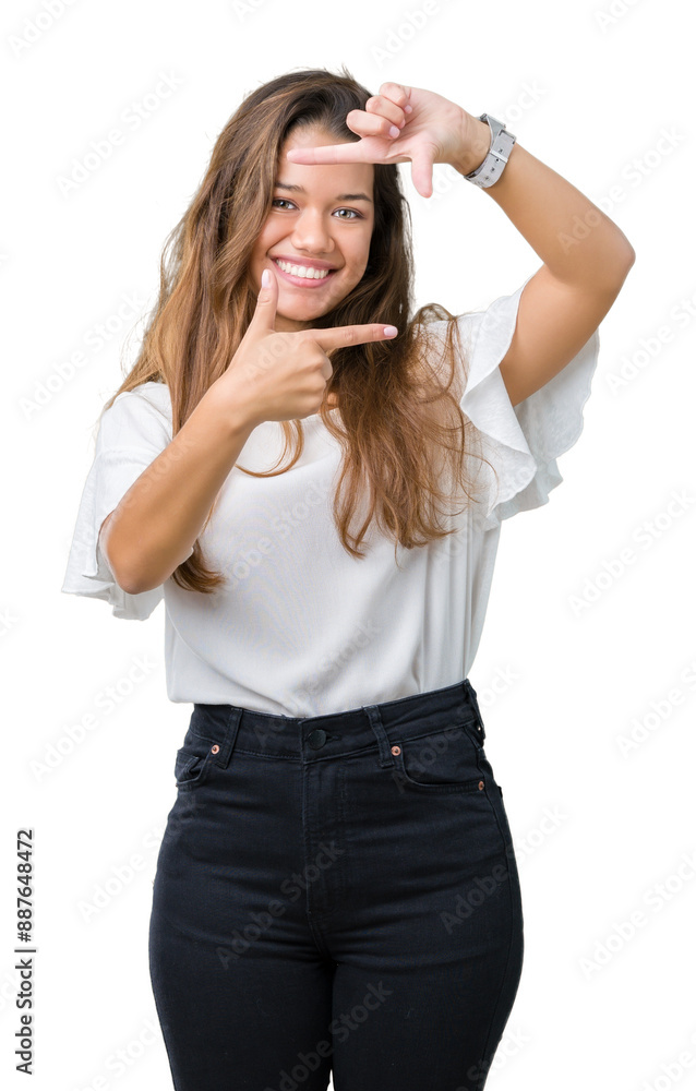 Young beautiful brunette business woman over isolated background smiling making frame with hands and fingers with happy face. Creativity and photography concept. Young beautiful brunette business woman over isolated background smiling making frame with hands and fingers with happy face. Creativity and photography concept.