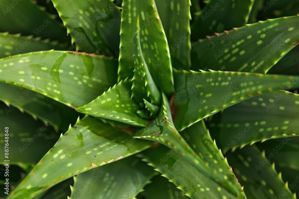 A close-up of a perfectly symmetrical aloe vera plant with thick, green leaves and subtle textures A close-up of a perfectly symmetrical aloe vera plant with thick, green leaves and subtle textures