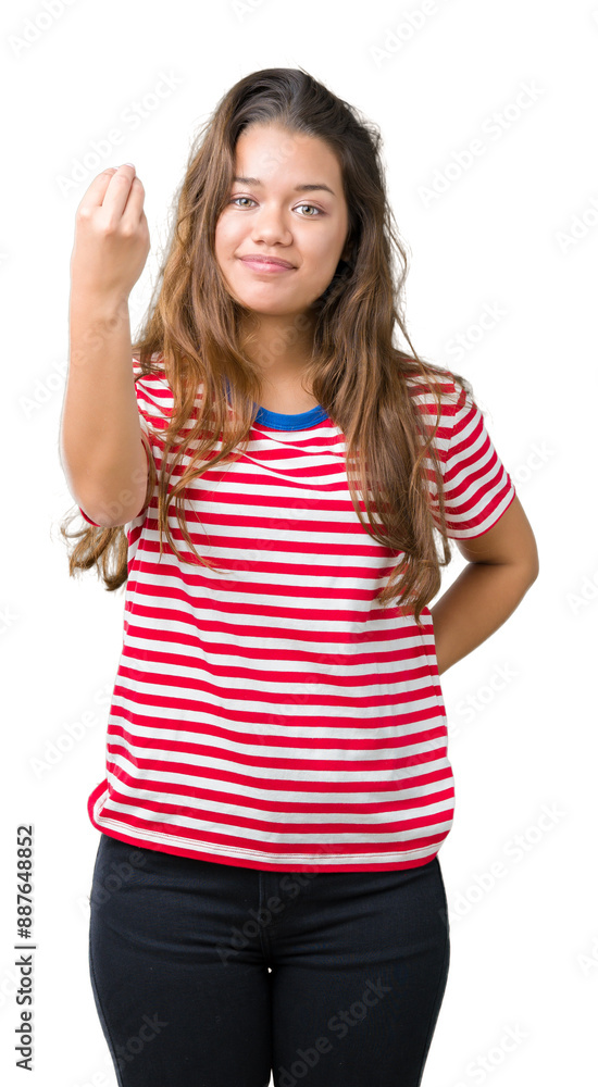 Young beautiful brunette woman wearing stripes t-shirt over isolated background Doing Italian gesture with hand and fingers confident expression Young beautiful brunette woman wearing stripes t-shirt over isolated background Doing Italian gesture with hand and fingers confident expression