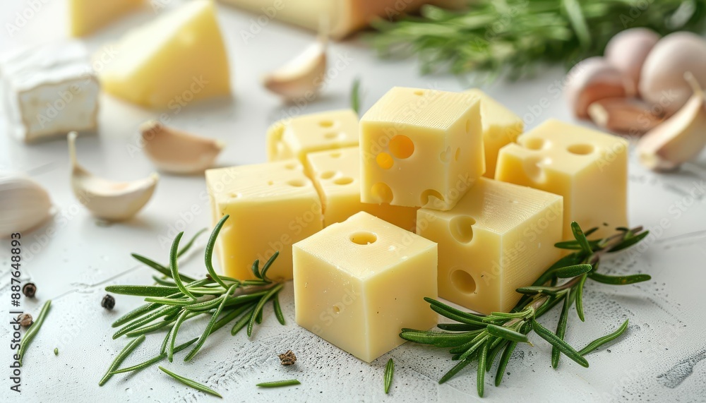 Close-up of cubed cheese with rosemary, garlic, and peppercorns. Close-up of cubed cheese with rosemary, garlic, and peppercorns.