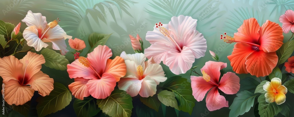 Blossoming Hibiscus and Tropical Flowers in a Vibrant Garden Display Blossoming Hibiscus and Tropical Flowers in a Vibrant Garden Display