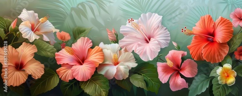 Blossoming Hibiscus and Tropical Flowers in a Vibrant Garden Display