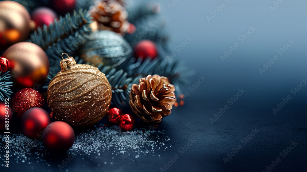 Luxurious Christmas composition with New Year's balls and cones on a soft blue background. Luxurious Christmas composition with New Year's balls and cones on a soft blue background.