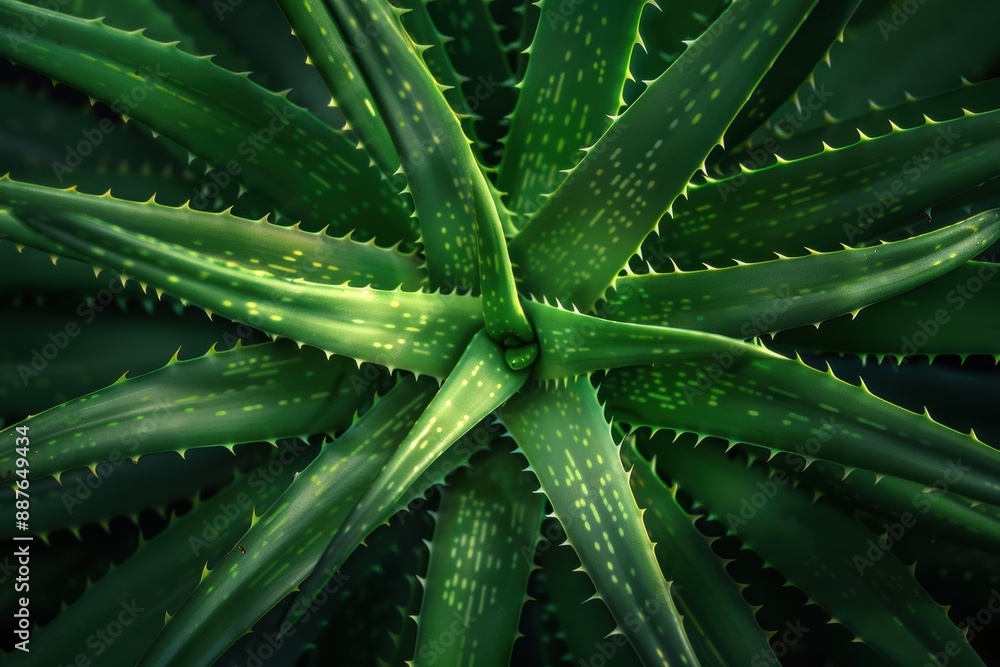 A close-up of a perfectly symmetrical aloe vera plant with thick, green leaves and subtle textures A close-up of a perfectly symmetrical aloe vera plant with thick, green leaves and subtle textures