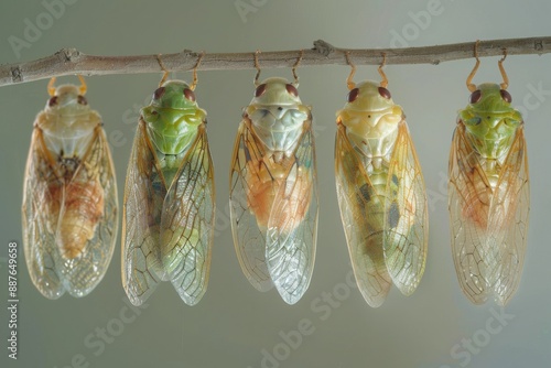 Five Cicada Exuviae Hanging from a Branch photo