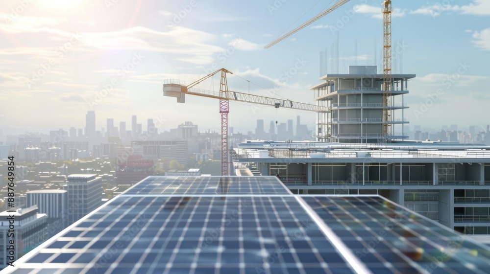 Naklejka premium Solar Panels on a Rooftop Under Construction