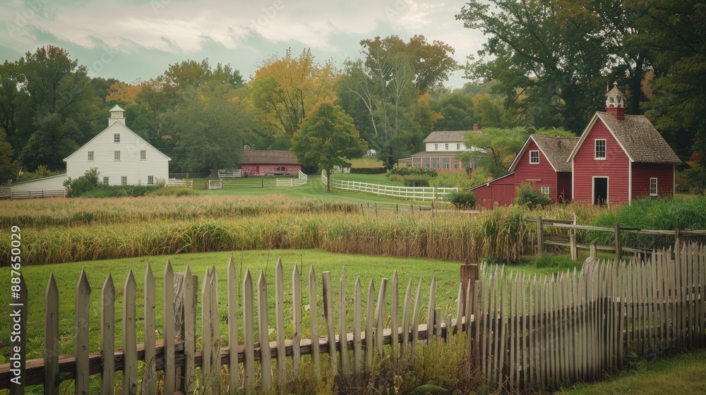 Colonial village scene with red barn log cabins green field and white picket fence Colonial village scene with red barn log cabins green field and white picket fence