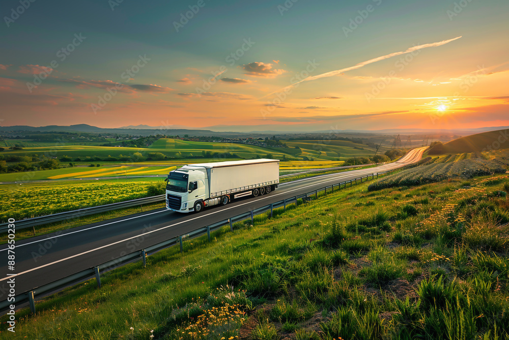 A white truck drives along a highway in a green countryside at sunset, under a beautiful sky with sunbeams. A white truck drives along a highway in a green countryside at sunset, under a beautiful sky with sunbeams.