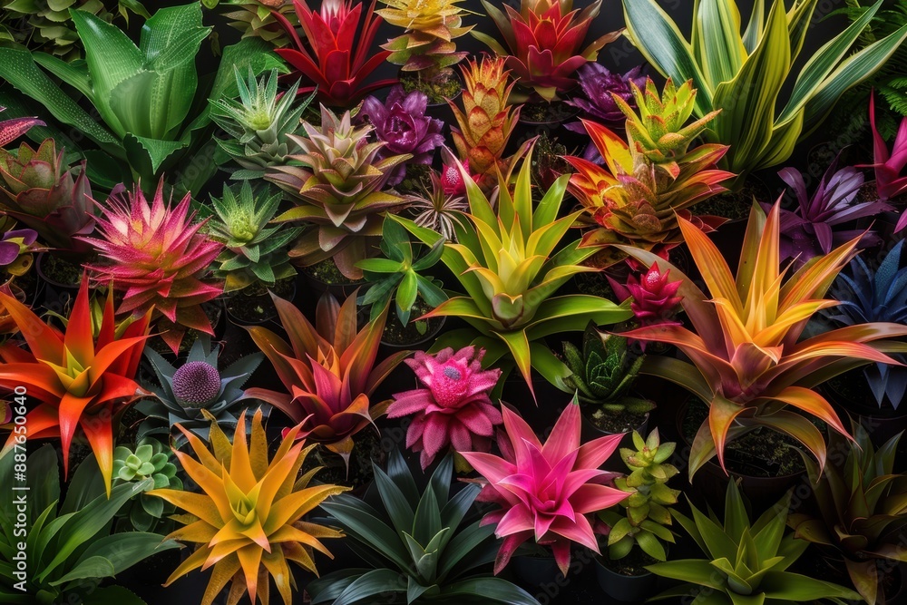 A collection of colorful bromeliads with their unique, spiky foliage and bright flowers A collection of colorful bromeliads with their unique, spiky foliage and bright flowers