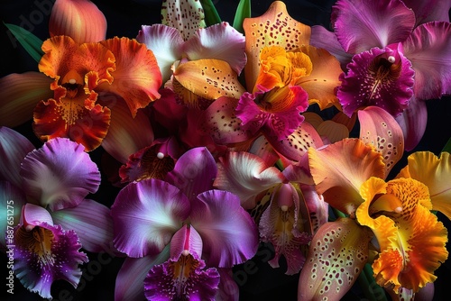 A collection of exotic orchids in full bloom, showcasing a variety of colors and intricate petal patterns photo