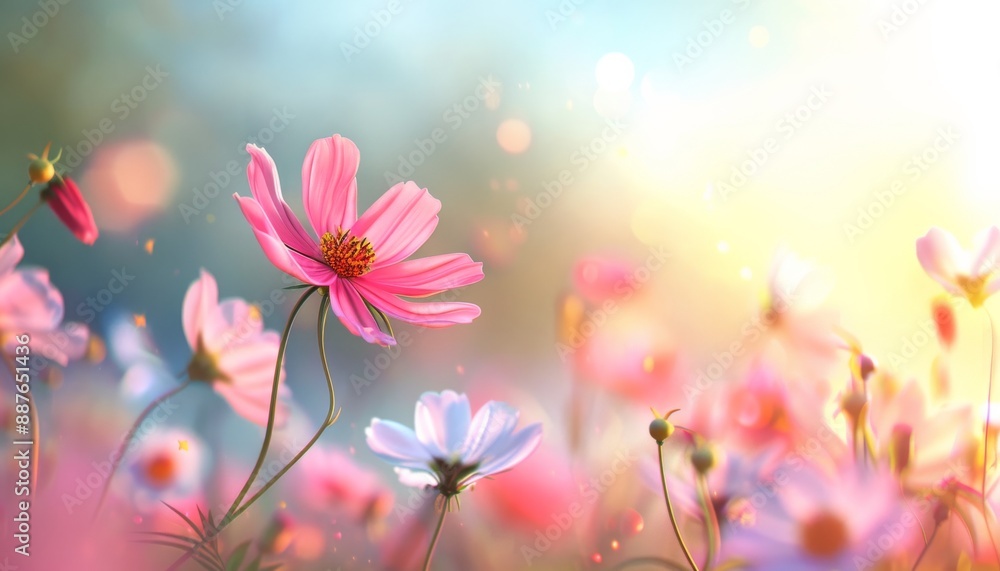 Vibrant pink cosmos flowers bloom in a field of green, creating a breathtaking natural tapestry Vibrant pink cosmos flowers bloom in a field of green, creating a breathtaking natural tapestry