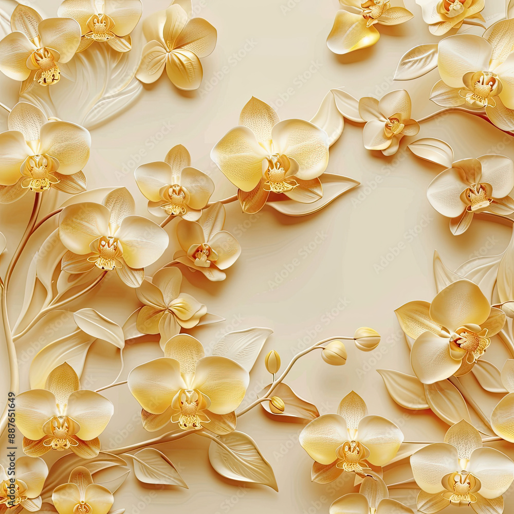 Obraz premium Pattern with 3D yellow orchids on a yellow background with advertising space. Template for a greeting card, decor, print on fabric, paper.