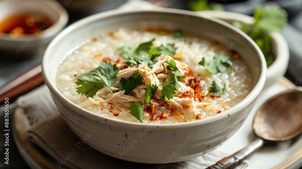 Bowl of chicken congee garnished with cilantro, chili, and served in a rustic ceramic bowl Bowl of chicken congee garnished with cilantro, chili, and served in a rustic ceramic bowl