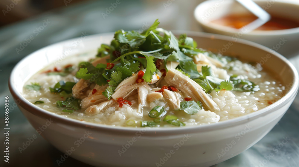Bowl of chicken congee with cilantro and chili garnish Bowl of chicken congee with cilantro and chili garnish
